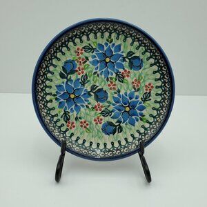 Polish Pottery Floral Unikat Dessert Plate Blue Flowers Bread Appetizer Plate